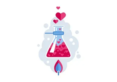 an illustration of an Erlenmeyer flask giving off pink, heart-shaped bubbles an illustration of an Erlenmeyer flask giving off pink, heart-shaped bubbles